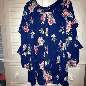 Jodifl Navy Blue Floral Ruffle Sleeve Keyhole Blouse M